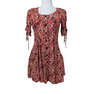 Free People Red Floral Lace Up Back Mini Dress With Pockets Size Small